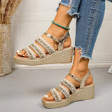 Women's Wedge Heel Platform Sandals Rope and Rivets Decor Chunky Sandals Women Fashion Plus Size 43 Ankle Buckle Rome Sandles