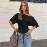 FDYOUI Sexy Short Sleeve Lace-up T-shirts Women 2026 Summer Diagonal Collar Corset Tops Streetwear Y2K Female Bandage T Shirt