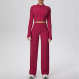 2 Pcs Women's Seamless Yoga Set Long-sleeved Wide-leg Pants Tracksuit Fitness Sports Set High-waisted Hip-lifting Slim-fit Suit