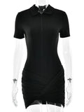 FDYOUI Women's Polo Collar Zip-up Jumpsuit Dress Chic Short Sleeve Folds Solid Bodysuits One Piece Yoga Fitness Sporty Playsuits