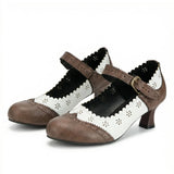 2026 Plus Size 50 Vintage Brown 6cm Kitten Heels Mary Janes Pumps Retro Daily Wear Summer Office Lady Brogue Shoes Women