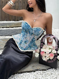 Blue Floral Jacquard Camisole Women Sexy Off Shoulder Lace Trim Slim Fishbone Ruffles Tank Top Summer Lace Up Club Party Corset