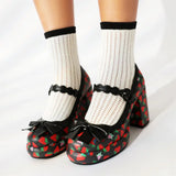 Big Size 43 High Quality Women's y2k Block High Heels Sweet Strawberry Print Mary Jane Pumps Black Pink Platform Lolita Shoes
