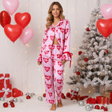 Women 2025 Heart Print Pajama Set Long Sleeve Button-up Tops and Pants 2 Piece Valentines Day Sleepwear Outfit