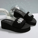 Rhinestone Decor Platform Slippers Women Summer Elastic Band Wedge Heels Sandals Woman Non Slip Lightweight Outdoor Slides 36-42
