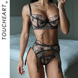 Toucheart Erotic Lingerie French Floral Embroidery See-through Mesh Push-up Underwire Sexy Body-shaping Thin Underwear Split Set