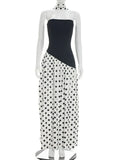 FDYOUI Elegant Bandage Polka Dot Patchwork Evening Dresses Women's 2026 Summer Off Shoulder High Slit Pleated Long Party Dress