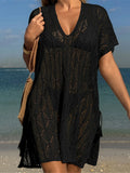 Sexy Short Sleeve Hollow Out Crochet Knitted Tunic Beach Cover Up Cover-ups Beach Dress Beach Wear Beachwear Female Women K6686
