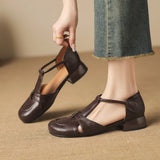 French Slip-on Single Shoes Retro British Shoes for Women Brown T-Strap Shallow Flat Sandals Soft Leather Rome  Summer New 32-43