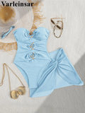 XS - L 6 Colors One Piece Swimsuit Female With Skirt Cut Out Women Swimwear Bandeau Metal Ring Bather Bathing Suit Swim V8108