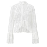 Womens Lace Floral Sheer Blouse Flare Long Sleeve Mock Neck Ruffle Peplum Hem Cropped Shirts Elegant Sexy Cover-ups Tops