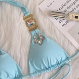 DEKA Solid Green Rhinestones Bikini Set Women Push Up Glitter Diamond Swimsuit Chain Metal Bathing Suit Luxury Thong Swimwear