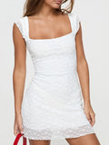 Women Solid Color Bodycon Dress Sleeveless Square Neck Backless Flower Slim Fit Mini Dress Party Clubwear