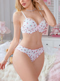 Sweet Floral Print Women Lingerie Set Bow Ruffle Trim Underwire Bra Comfy ladies Panties Daily Bra Set