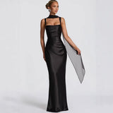 Pure Desire Style Collarbone-revealing Strapless Long Dress Feminine And Slim-fitting With Pleated Waist Tie Straps Bodycon LWIO