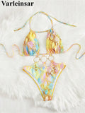 S - XL Printed Halter Metal Rings One Piece Swimsuit Women Swimwear Female Monokini High Leg Cut Bather Bathing Suit Swim V7721