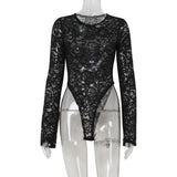 Ahagaga Floral Lace Women's Bodysuits Sexy Solid See Through Tees O-Neck Long Trumpet Sleeve Slim Fit Streetwear Rompers T Shirs