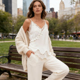 Women Summer Solid Color Lace Trimmed Camisole Fashion Spaghetti Strap Tank Top with Scalloped Hem