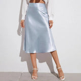 Satin-Like Shiny Skirt Women Midi Skirt High Waist Solid Color Mid-calf Length Skirt Soft Breathable Fabric Work Skirts