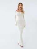 Women's Autumn Winter Knitted Bodycon Dress Long Sleeve Tie Backless Round Neck Solid Color Ruffle Trim Long Dress Beachwear