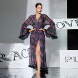 2026 New Women Elegant Butterfly Print Mesh Robe Big Flare Sleeve Lace Up Tassel Fringe High Slit Bathrobe Loungewear