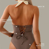 S - XL Splicing V Neck Backless Halter Women Swimwear One Piece Swimsuit Female Monokini Padded Bather Bathing Suit Swim V7559