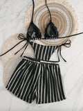 Sexy Black White Patchwork Bikini Set 2026 Women Striped High Waist Shorts 3 Piece Swimsuit Summer Push Up Bathing Suit Swimwear