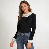 Women's Spring Fall Slim Fit Knitted Cardigan Elegant Dot Print Long Sleeve Round Neck Button Down T-shirts Tops