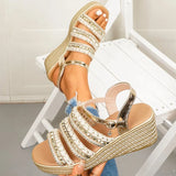 Women's Wedge Heel Platform Sandals Rope and Rivets Decor Chunky Sandals Women Fashion Plus Size 43 Ankle Buckle Rome Sandles