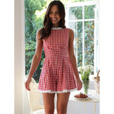 Foridol Plaid Red Lace Summer Romper Women Wide Leg High Waist Sleveless Playsuit Casual Beach Back Zip Blue Short Jumpsuit