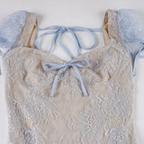Dreamy and Western-style lace pleated princess dress with sparkling sequin design and puff-sleeved high-waisted dress.