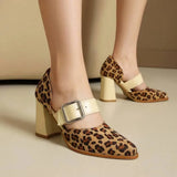 Spring  Autumn New Model Fashion High Heels Nude Shoes Color Blocking Pointed Tip Buckle Leopard Print Sexy Party Women's Shoes