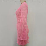 V Neck Long Sleeve Hollow Out Crochet Knitted Tunic Beach Cover Up Cover-ups Beach Dress Beach Wear Beachwear Female Women V7643
