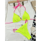 Sexy Neon Halter Ribbed Bikini Female Swimsuit Women Swimwear Two-pieces Bikini Set Padded Bather Bathing Suit Swim Lady V4048