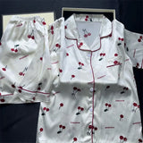 Cherry Print Silk Pajamas Set for Women Summer Short Sleeve Shirt and Shorts Two Pieces Sleepwear Homewear Nightwear