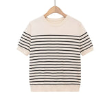 Fashion Striped Knit Sweater Black Striped Knit T Shirt Casual Short Sleeve Crew Neck Slim Fit Top For Women Summer Daily 0HAD