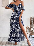 New Summer Women Print Dress 2025 Fashion Elegant  Vacation Party Short Sleeve Slim V-neck Slit Long Dresses Vestidos Para Mujer