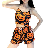 Sexy Halloween Pajamas Pumpkin Print Pajama Sets Suspender 2-piece Sleepwear Set Women's Pajamas European and American Home Wear