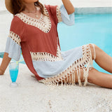 Splicing Tassels Half Sleeve Crochet Knitted Tunic Beach Dress Beach Wear Beachwear Beach Cover Up Cover-upsFemale Women V6631