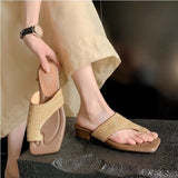 Fashion Summer Vacation Sandals Soft Woven Toe Flip-Flops Concise Square Toe Thick Heel Slippers Breathable Casual Women's Shoes