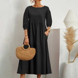 Womens Casual Summer Cotton Dress With Pockets 3/4 Sleeve Loose Midi Shirt Dress Women Dresses With Short Sleeves Vestidos