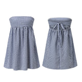 Women Tube Top Mini Dress Off Shoulder Strapless Plaid Bandeau Dress Summer Casual Boho Daily Dresses Streetwear