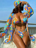 4 PCS Printed With Cover Up Hairband Bikini Female Swimsuit Women Swimwear Four-pieces Bikini set Bather Bathing Suit Swim Lady