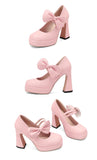 Plus Size Women's Bow Mary Janes Platform Chunky Heels Ankle Strap High Heel Pumps Sweet Lolita Party Dress Shoes