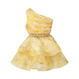 Women's Sexy One-Shoulder Waist-Cinching Dress Pure Desire Yellow Floral Print Ruffled Mini Dress Party Dress For Women NRR0
