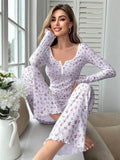 Spring Summer Sleepwear Women's Pajamas Floral Print Lettuce Trim Pajamas Set Tops and Long Trousers Loungewear Nightwear