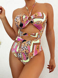 2026 Halter Hollow Swimsuit One Piece Sexy Print Ring Link Swimwear Women Bathing Swimming Swim Suit Padded Beachwear Summer XXL