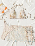 S - XL Three-pieces Bikini set With Skirt Flowers Sequins Bikini Female Swimsuit Women Swimwear Bather Bathing Suit Swim V7864