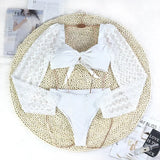 Two-Piece Swimwear Swimsuit Women Push Up Sexy Hollow Long Sleeves High Waist Bowknot Backless White Bikinis Set Bathing Suit