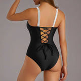 Black One Piece Swimsuit Women Swimwear 2026 New Solid Lace Up Bodysuit Monokini Sexy Slim Thong Brazilian Beach Bathing Suit XL
